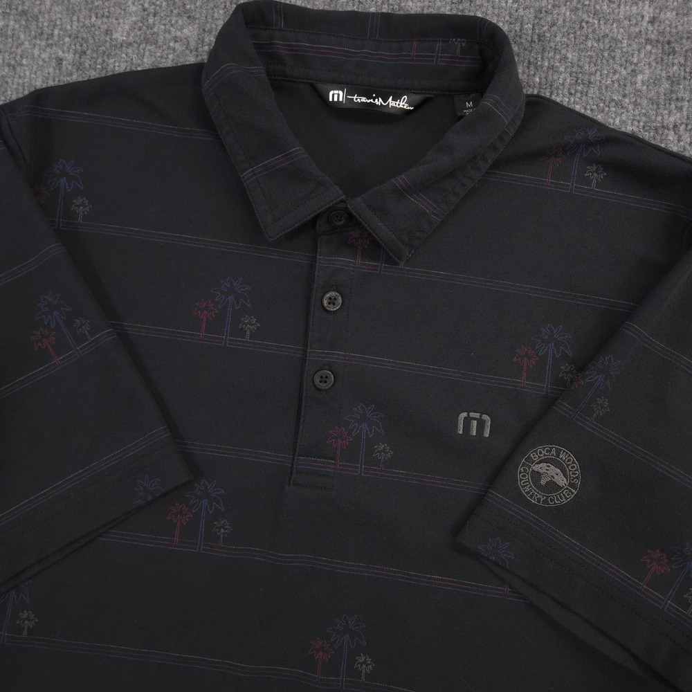 Travis Mathew Polo Mens M Black Honopu Palm Tree Stripe Boca Woods Country Club